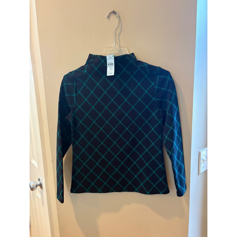 Ann Taylor Teal Black Diamond Plaid Mock Neck Top XXS Petite NWT $125